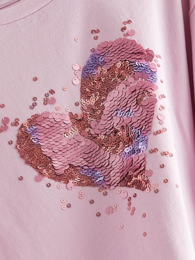 Pink 100% Cotton Sequin Heart Long Sleeve T-Shirt (3-16yrs) - Image 8 of 8