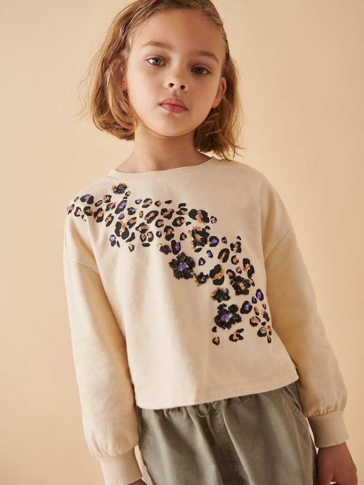 Ecru 100% Cotton Leopard Sequin Long Sleeve Sweat Top (3-16yrs) - Image 1 of 4 Ecru 100% Cotton Leopard Sequin Long Sleeve Sweat Top (3-16yrs) - Image 1 of 4