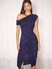 Lipsy Navy Texture Petite Off The Shoulder Gathered Waist Midi Dress - Image 1 of 6