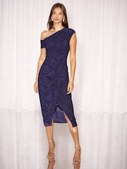 Lipsy Navy Texture Petite Off The Shoulder Gathered Waist Midi Dress - Image 5 of 6