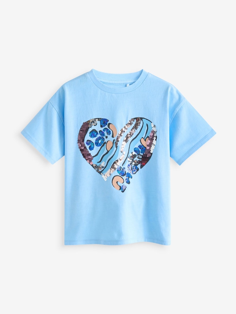 Aqua Blau - T-Shirt mit Animal-Print aus 100 % Baumwolle mit Paillettenbesatz und Herzmotiv (3–16 Jahre) - Bild 1 von 4 Aqua Blau - T-Shirt mit Animal-Print aus 100 % Baumwolle mit Paillettenbesatz und Herzmotiv (3–16 Jahre) - Bild 1 von 4