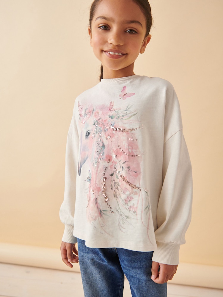 Pink 100% Cotton Sequin Unicorn Long Sleeve T-Shirt (3-16yrs) - Image 1 of 7