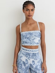 Reiss Blue Mila Linen Wave-Trim Cropped Cami Top - Image 1 of 6