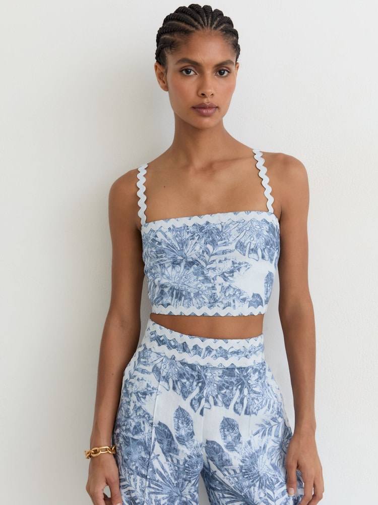 Reiss Blue Mila Linen Wave-Trim Cropped Cami Top - Image 1 of 6