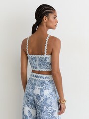 Reiss Blue Mila Linen Wave-Trim Cropped Cami Top - Image 5 of 6