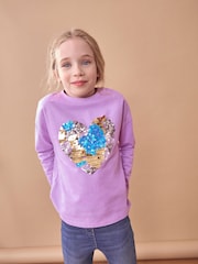 Purple 100% Cotton Sequin Heart Long Sleeve T-Shirt (3-16yrs) - Image 1 of 1