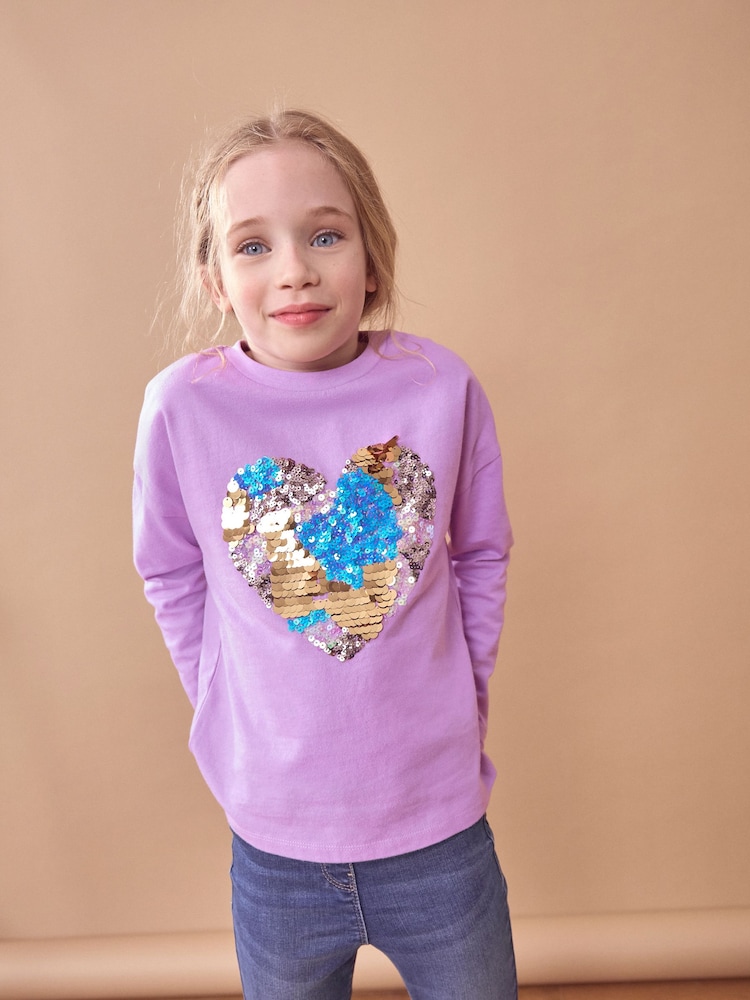 Purple 100% Cotton Sequin Heart Long Sleeve T-Shirt (3-16yrs) - Image 1 of 1 Purple 100% Cotton Sequin Heart Long Sleeve T-Shirt (3-16yrs) - Image 1 of 1