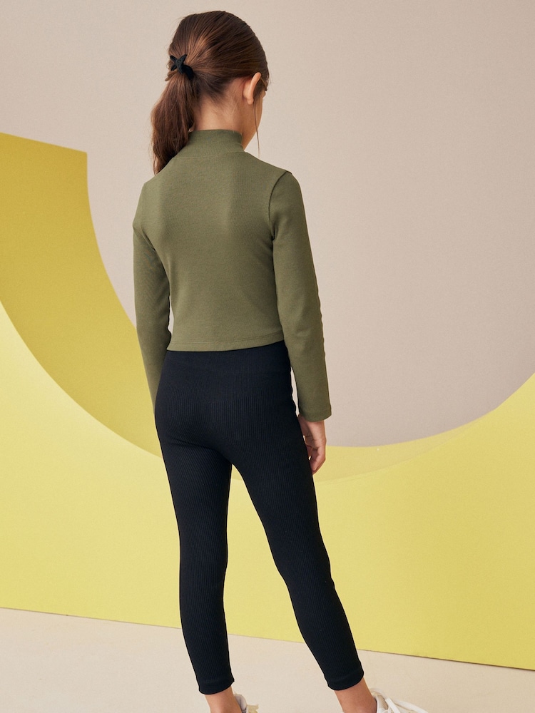 Khaki Green Boxy Zip High Neck Rib Top (3-16yrs) - Image 2 of 7