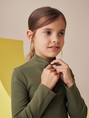 Khaki Green Boxy Zip High Neck Rib Top (3-16yrs) - Image 4 of 7