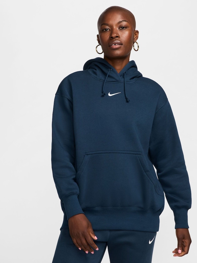 Nike Navy Oversized Sportswear Phoenix Fleece Mini Swoosh Pullover Hoodie - Image 1 of 9