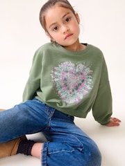 Khaki Green Sequin Heart Long Sleeve T-Shirt (3-16yrs) - Image 1 of 6