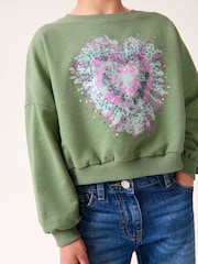 Khaki Green Sequin Heart Long Sleeve T-Shirt (3-16yrs) - Image 3 of 6