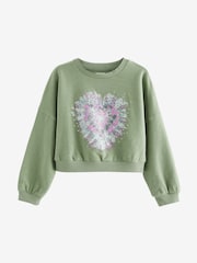 Khaki Green Sequin Heart Long Sleeve T-Shirt (3-16yrs) - Image 4 of 6