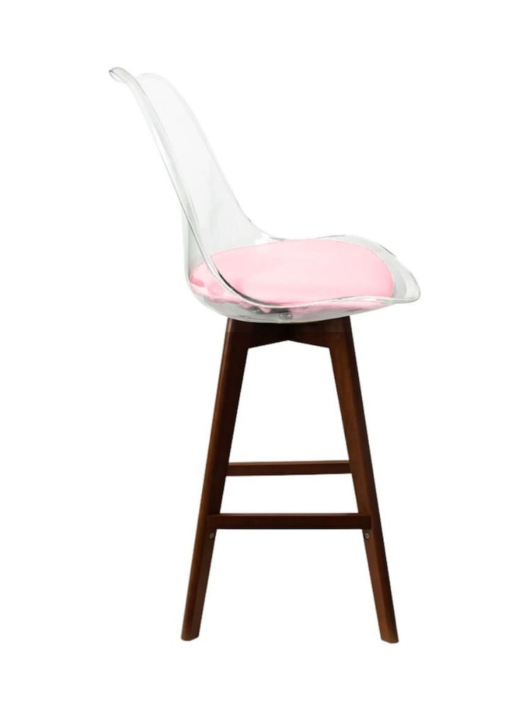 Fusion Living Blush Pink Soho Clear Plastic Bar Stool with Dark Wood Legs - Image 5 of 5
