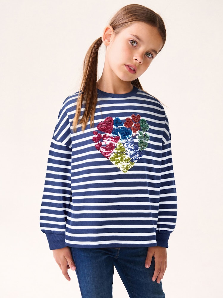 De rayas azul marino - 100% Cotton Sequin Heart Long Sleeve T-Shirt (3-16yrs) - Imagen 1 de 7 De rayas azul marino - 100% Cotton Sequin Heart Long Sleeve T-Shirt (3-16yrs) - Imagen 1 de 7