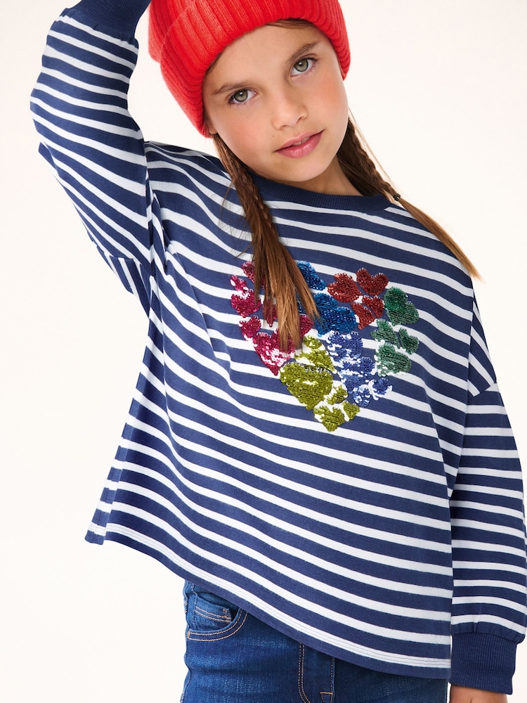 De rayas azul marino - 100% Cotton Sequin Heart Long Sleeve T-Shirt (3-16yrs) - Imagen 2 de 7 De rayas azul marino - 100% Cotton Sequin Heart Long Sleeve T-Shirt (3-16yrs) - Imagen 2 de 7