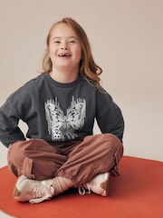 Charcoal Grey Sequin Butterfly Boxy 100% Cotton Sweatshirt (3-16yrs) - Image 1 of 6