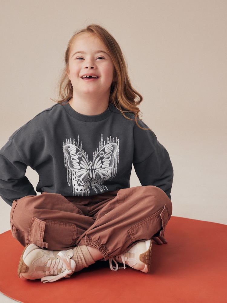 Charcoal Grey Sequin Butterfly Boxy 100% Cotton Sweatshirt (3-16yrs) - Image 1 of 6
