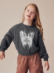 Charcoal Grey Sequin Butterfly Boxy 100% Cotton Sweatshirt (3-16yrs) - Image 2 of 6