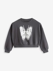 Charcoal Grey Sequin Butterfly Boxy 100% Cotton Sweatshirt (3-16yrs) - Image 4 of 6