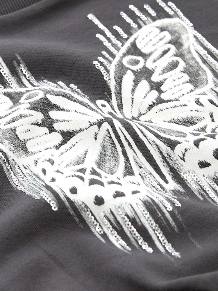 Charcoal Grey Sequin Butterfly Boxy 100% Cotton Sweatshirt (3-16yrs) - Image 6 of 6