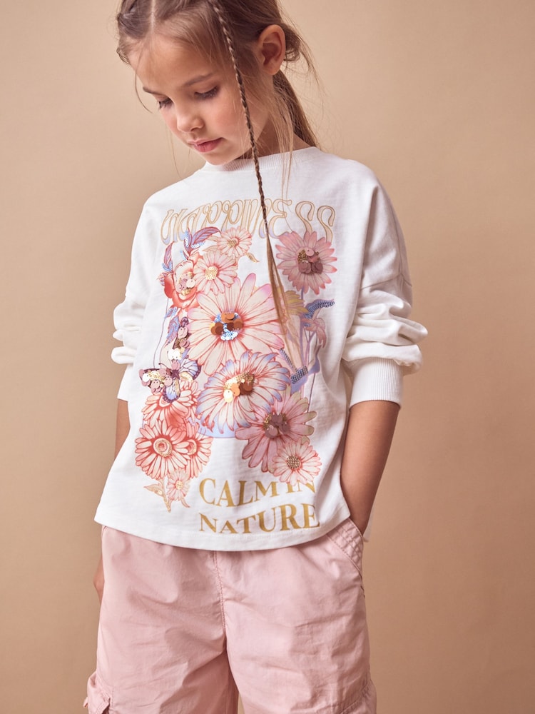 Ecru 100% Cotton Sequin Butterfly Long Sleeve T-Shirt (3-16yrs) - Image 1 of 7