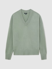 Reiss Pale Sage Green Alberz Wool-Cashmere V-Neck Jumper - Image 2 of 7