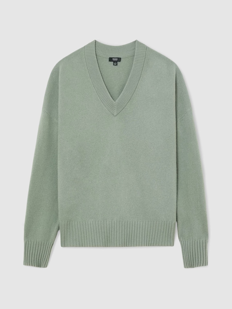 Reiss Pale Sage Green Alberz Wool-Cashmere V-Neck Jumper - Image 2 of 7 Reiss Pale Sage Green Alberz Wool-Cashmere V-Neck Jumper - Image 2 of 7