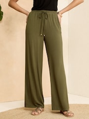 Love & Roses Khaki Green Jersey Elasticated Waist Wide Leg Trousers - Image 1 of 4