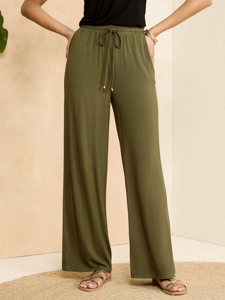 Love & Roses Khaki Green Jersey Elasticated Waist Wide Leg Trousers - Image 1 of 4