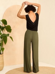 Love & Roses Khaki Green Jersey Elasticated Waist Wide Leg Trousers - Image 3 of 4