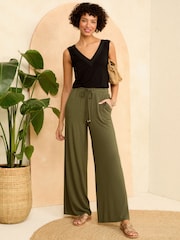 Love & Roses Khaki Green Jersey Elasticated Waist Wide Leg Trousers - Image 4 of 4