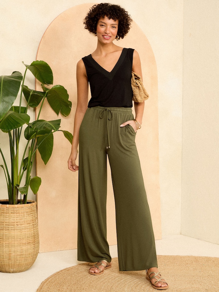 Love & Roses Khaki Green Jersey Elasticated Waist Wide Leg Trousers - Image 4 of 4