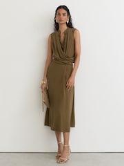 Reiss Khaki Green Gracie Drape-Detail Band-Collar Midi Dress - Image 1 of 8