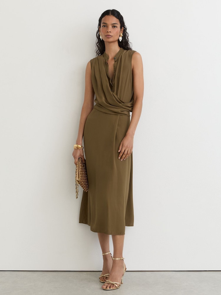 Reiss Khaki Green Gracie Drape-Detail Band-Collar Midi Dress - Image 1 of 8 Reiss Khaki Green Gracie Drape-Detail Band-Collar Midi Dress - Image 1 of 8