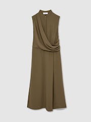 Reiss Khaki Green Gracie Drape-Detail Band-Collar Midi Dress - Image 2 of 8