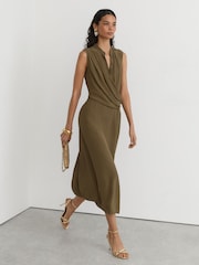 Reiss Khaki Green Gracie Drape-Detail Band-Collar Midi Dress - Image 3 of 8
