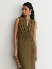 Reiss Khaki Green Gracie Drape-Detail Band-Collar Midi Dress - Image 4 of 8