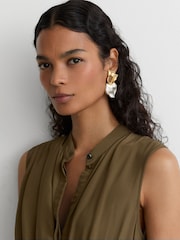 Reiss Khaki Green Gracie Drape-Detail Band-Collar Midi Dress - Image 5 of 8