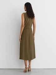 Reiss Khaki Green Gracie Drape-Detail Band-Collar Midi Dress - Image 6 of 8