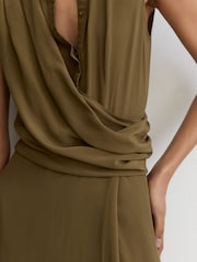 Reiss Khaki Green Gracie Drape-Detail Band-Collar Midi Dress - Image 7 of 8