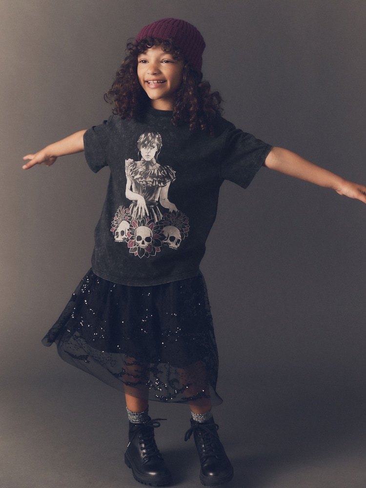 Black 100% Cotton Wednesday License Graphic T-Shirt (9-16yrs) - Image 2 of 6