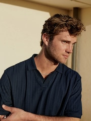 Navy Seersucker Cuban Collar Textured 100% Cotton Short Sleeve Polo Shirt - Image 1 of 8