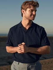 Navy Seersucker Cuban Collar Textured 100% Cotton Short Sleeve Polo Shirt - Image 2 of 8