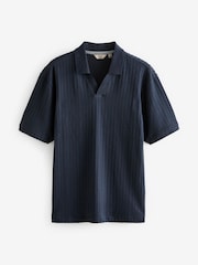 Navy Seersucker Cuban Collar Textured 100% Cotton Short Sleeve Polo Shirt - Image 5 of 8