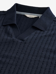 Navy Seersucker Cuban Collar Textured 100% Cotton Short Sleeve Polo Shirt - Image 6 of 8