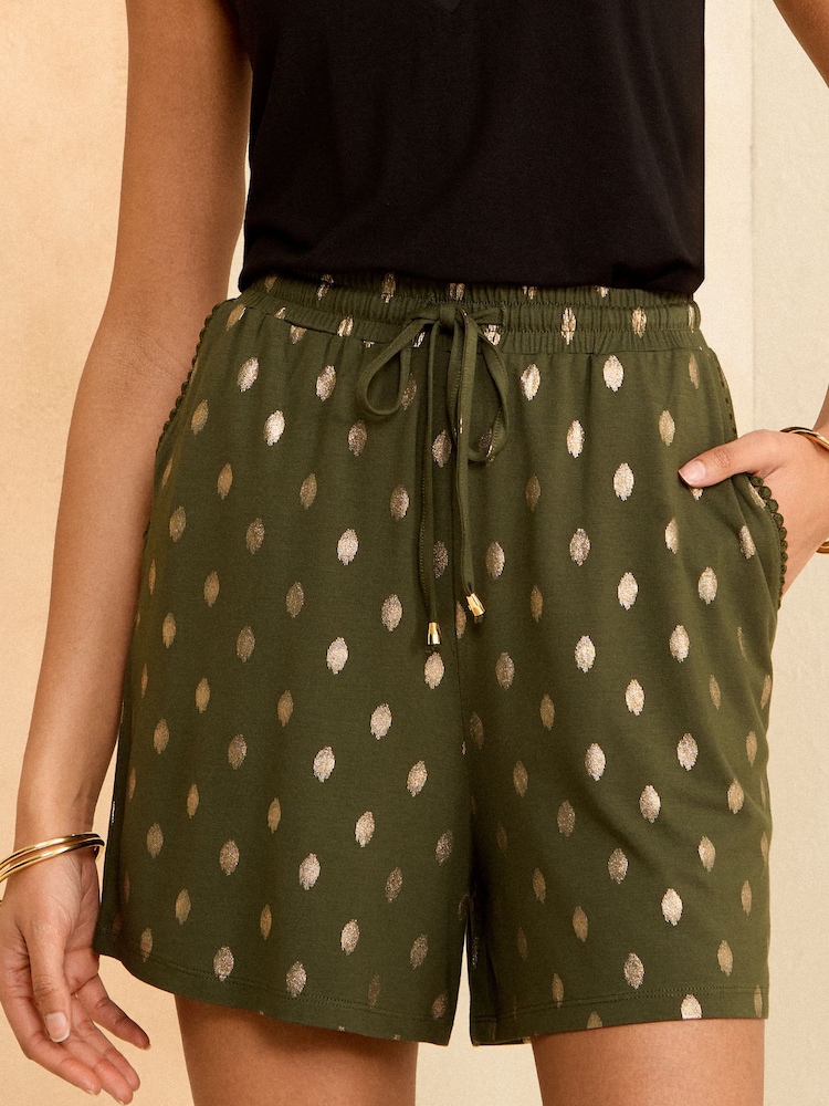 Love & Roses Khaki Dash Foil Jersey Drawstring Pocket Shorts - Image 1 of 4