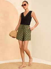 Love & Roses Khaki Dash Foil Jersey Drawstring Pocket Shorts - Image 4 of 4