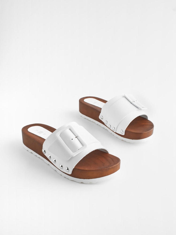 White Buckle Clog Leather Mule Sandals - Image 1 of 6