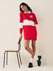 Red Graphic Polo Rugby Longsleeve Mini Shirt Dress - Image 2 of 6